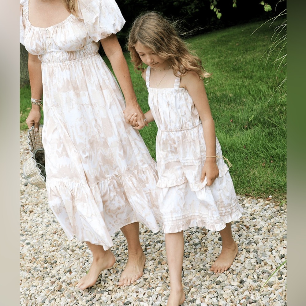 Cleobella Littles Girls 6 Tiered Midi Length Dress Beige Tan Pia Watercolor Boho